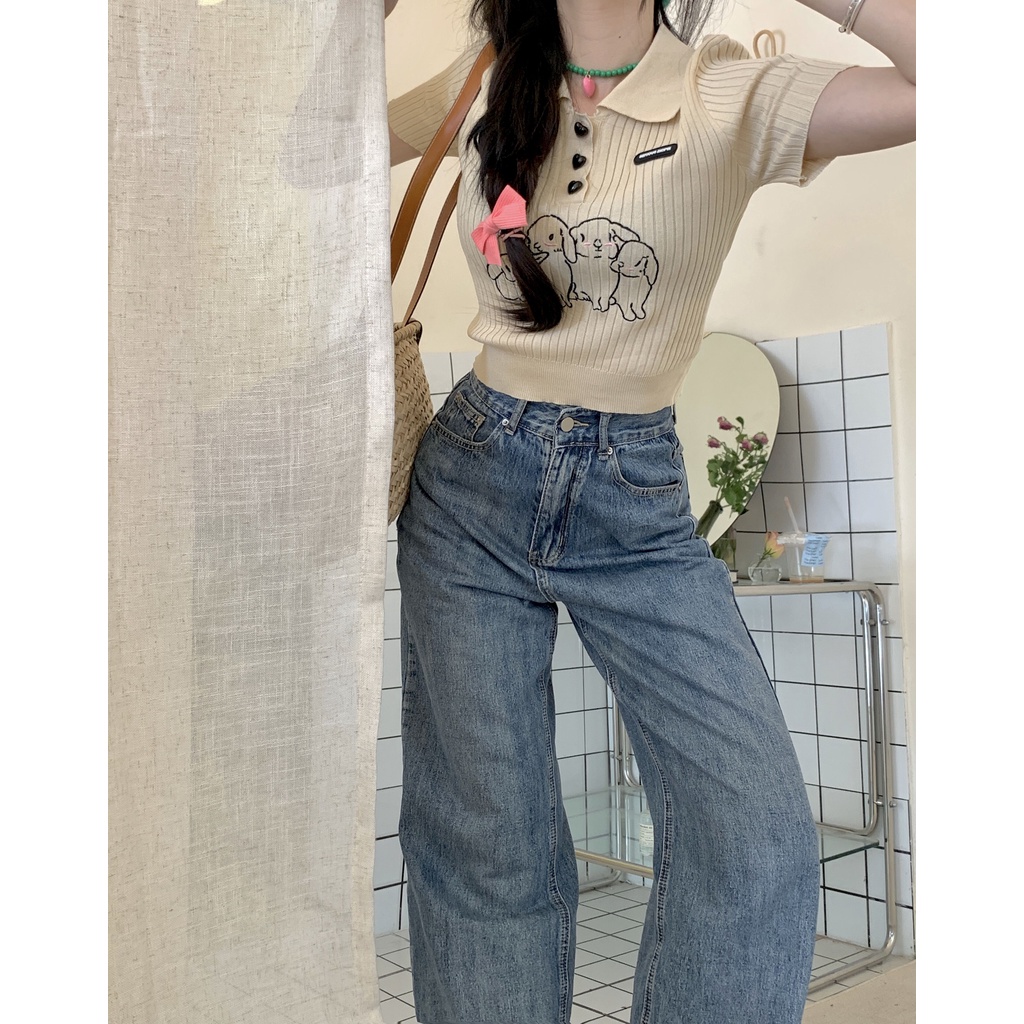 Cocory vn Áo Thun Croptop Dệt Kim Tay Ngắn Cổ Polo Thêu Họa Tiết Thỏ Thời Trang Mùa Hè Cho Nữ