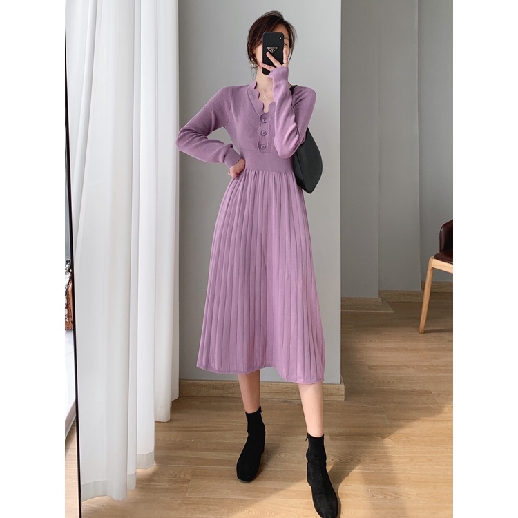 Đầm ZHELIHANGFEI dệt kim tay dài cổ chữ V thời trang dành cho nữ