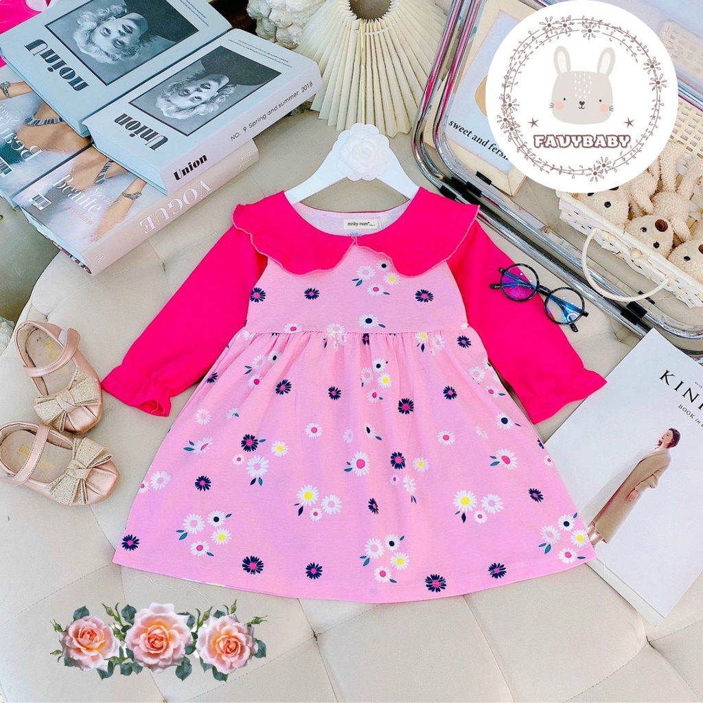 Váy Đầm Bé Gái MINKY MOM Chính Hãng COTTON Tay Dài Phối Cổ Lá Sen Đáng Yêu Hoa Văn Cute Bé 0 1 2 3 4 5 Tuổi - Favybaby