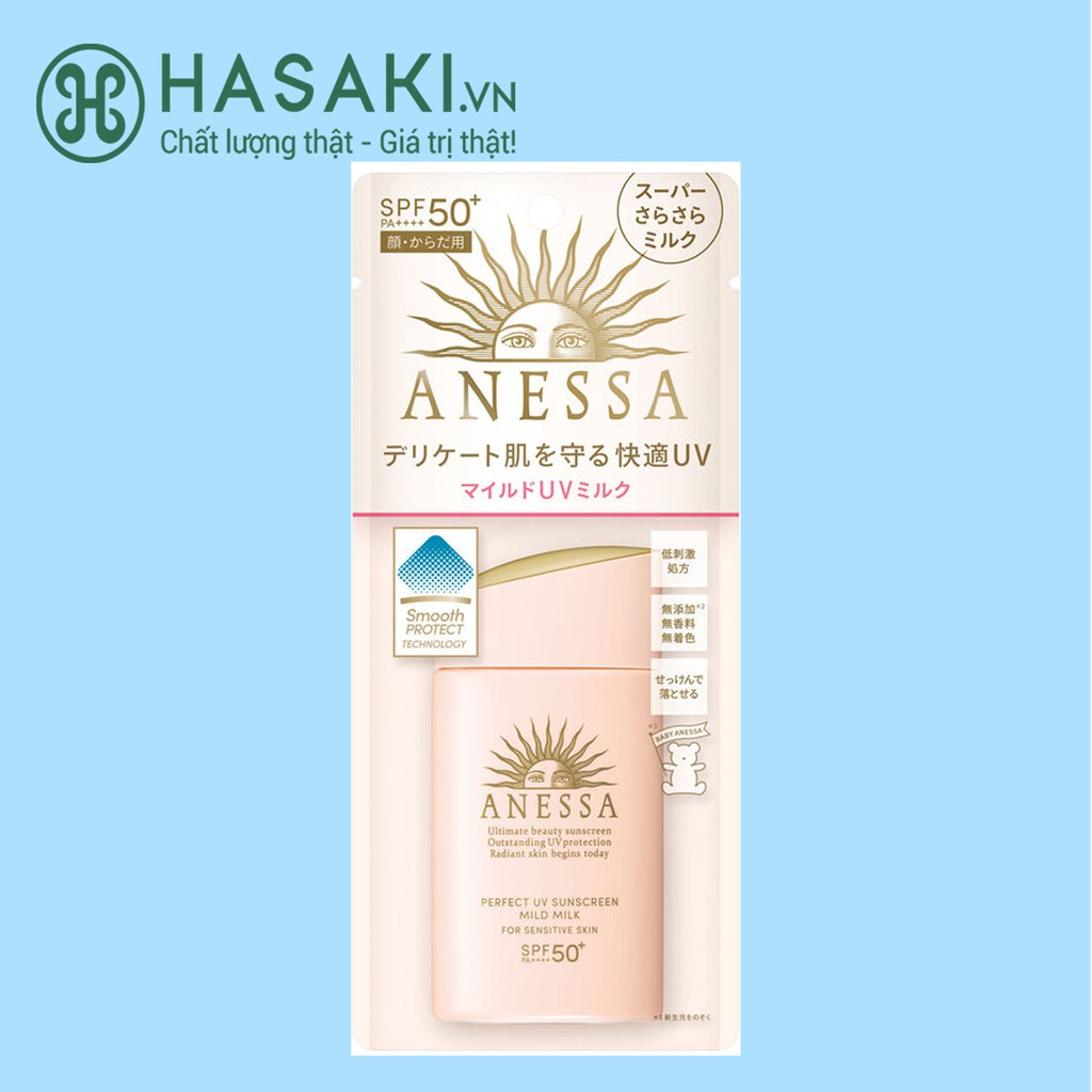 Sữa Chống Nắng Anessa Cho Da Nhạy Cảm & Trẻ Em 60ml Perfect UV Sunscreen Mild Milk (For Sensitive Skin) SPF50+/PA++++