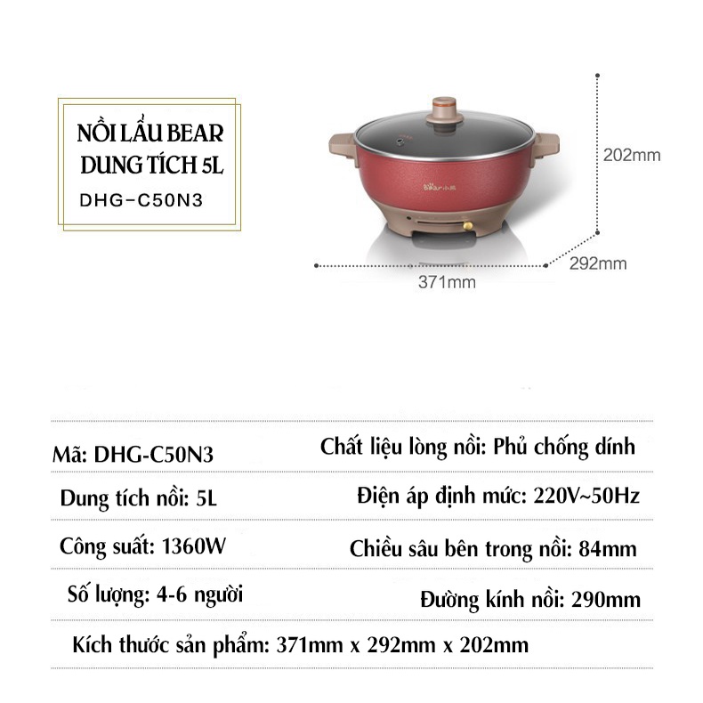 Nồi Lẩu Điện Đa Năng, Chảo Điện Đa Năng BEAR 5L Xanh Lá B50C1