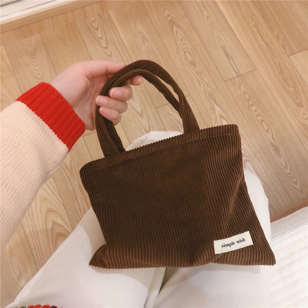 Túi Đựng Mỹ Phẩm Xách Tay Bằng Vải Nhung Kẻ Màu Sắc Đơn Giản Phong Cách Nhật Bản