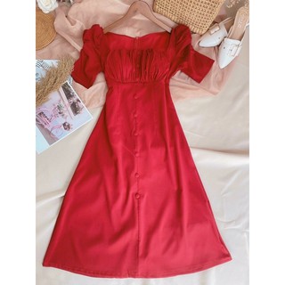 Đầm cổ vuông đỏ trắng nude