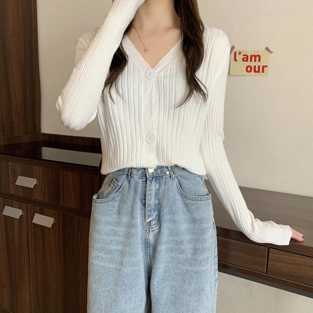 Áo len Cadigan nữ dáng ngắn LL8110 , kiểu áo cài cúc cổ V phong cách Hàn Quốc cá tính