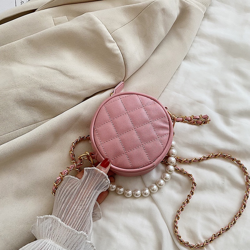 Túi đeo vai IELGY hình tròn cỡ nhỏ họa tiết hình thoi phối dây xích thời trang cho nữ