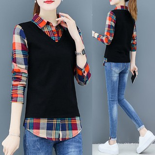 Áo sơ mi tay dài giả hai lớp thời trang xuân thu cho nữ