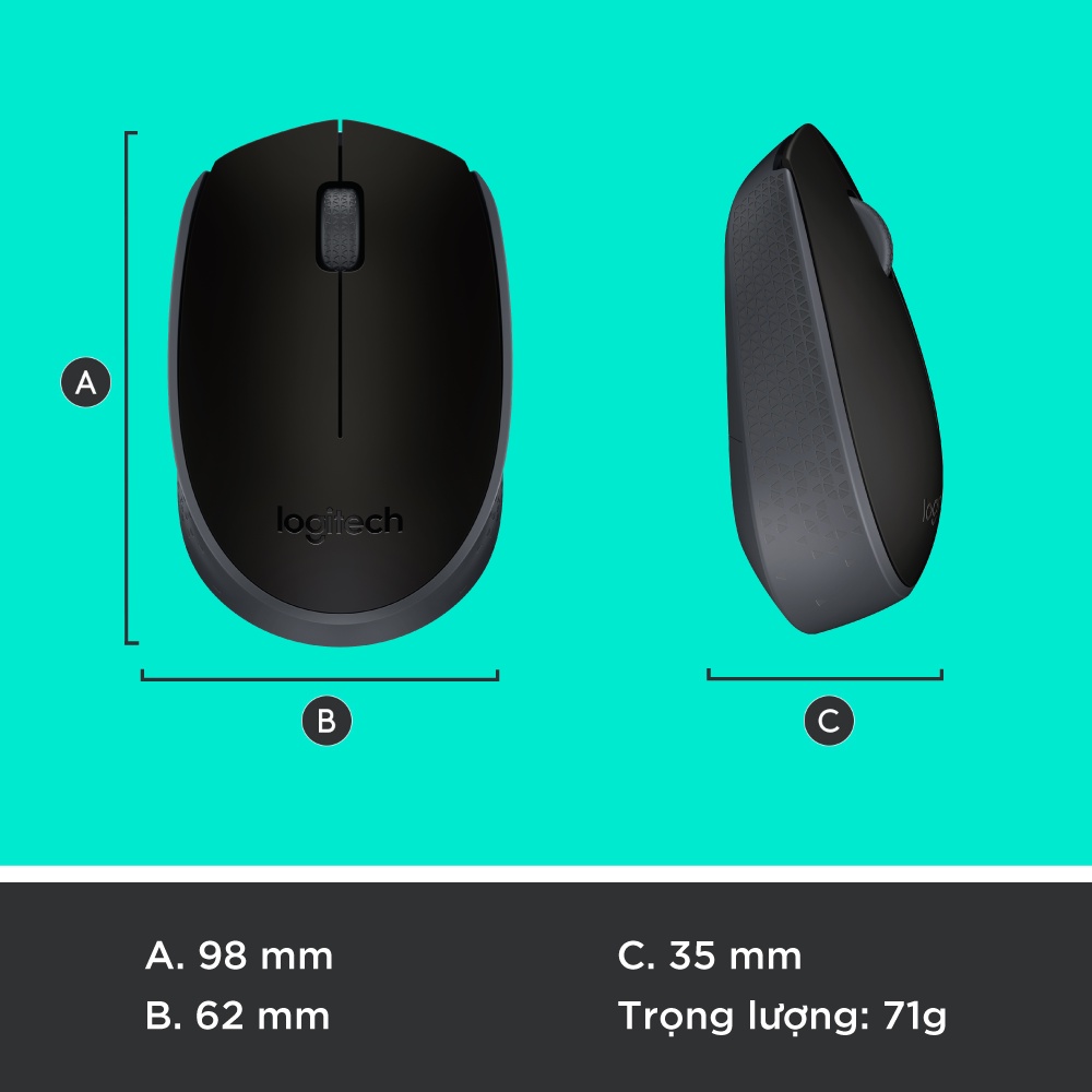 Chuột không dây Logitech B170 - USB, nhỏ gọn, pin 1 năm, phù hợp PC/ Laptop