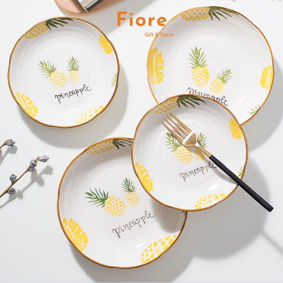 Đĩa sứ, đĩa decor - họa tiết dứa viền nâu - phụ kiện bàn ăn đẹp với nhiều mẫu xinh xắn