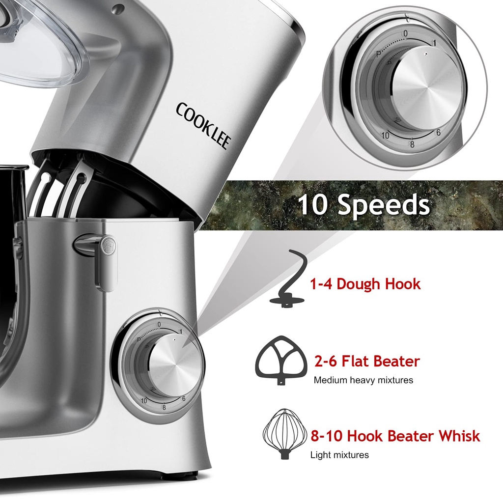 (Hàng UK, Mỹ) Máy nhào bột COOKLEE 8L 1500W SM-1551 10 tốc độ sử dụng- Bánh răng bằng kim loại nhào được 1.2 kg bột khô