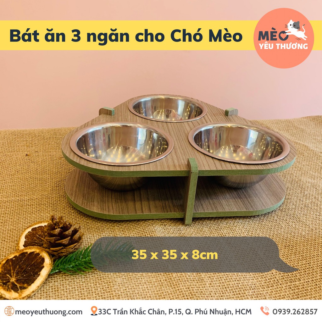 Bát ăn ba ngăn cho chó mèo gỗ MDF kèm 3 bát ăn inox, bát ăn chống gù lưng cho chó mèo