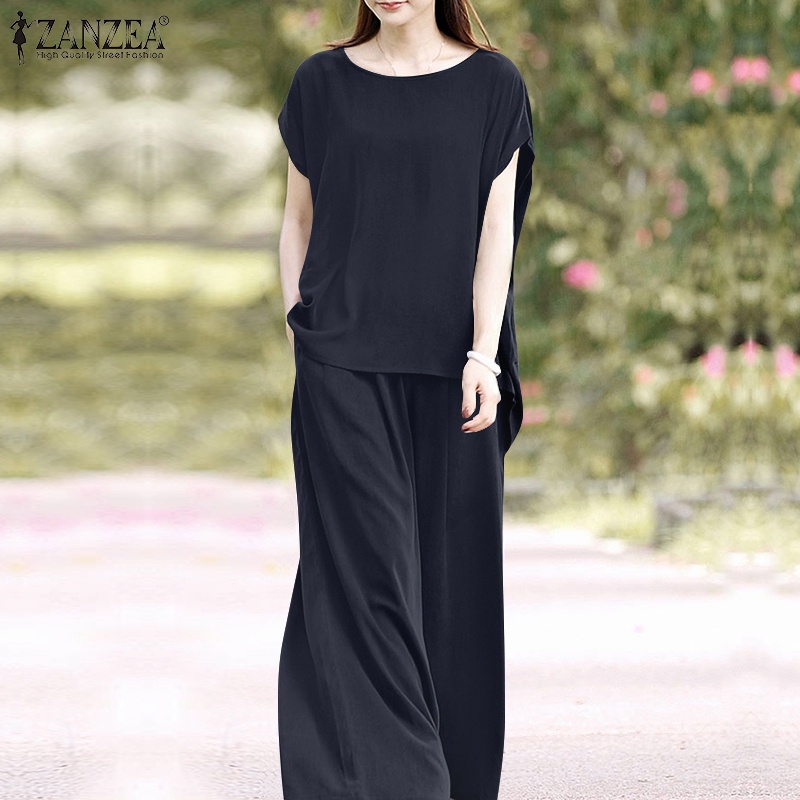 Set đồ ZANZEA gồm áo thun ngắn tay cổ tròn và quần ống rộng thời trang Hàn Quốc cho nữ