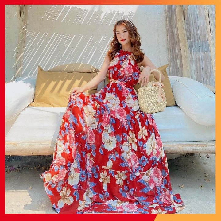 Váy maxi hoa⚡𝑺𝑰𝑬̂𝑼 𝑻𝑶̂𝑵 𝑫𝑨́𝑵𝑮⚡ Váy dáng dài đi biển, vải voan 2 lớp, mềm mại, hàng Quảng Châu cao cấp loại 1 | BigBuy360 - bigbuy360.vn