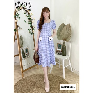 Đầm nữ đi công sở Nhật Vy caro phối túi đắp có nút cổ vuông tay ngắn dáng xòe phù hợp đi chơi dạo phố - D2108