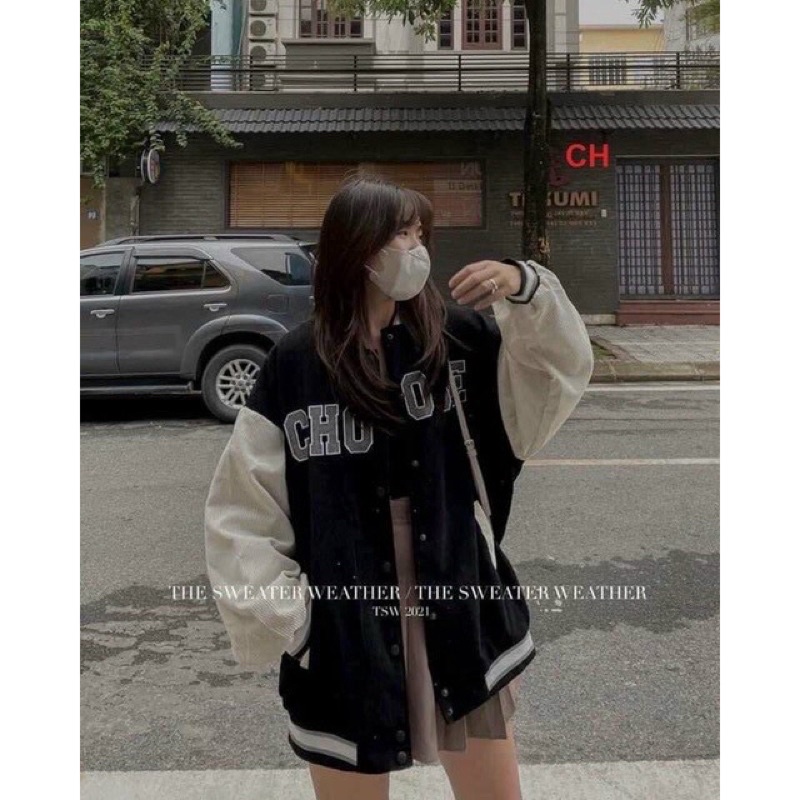 Áo khoác bomber kaki nhung gân thêu unisex ulzzang nam nữ