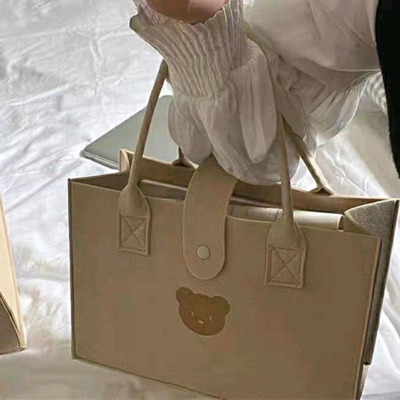 Túi xách nữ vuông cầm tay hình gấu màu trà sữa chất nỉ siêu cute