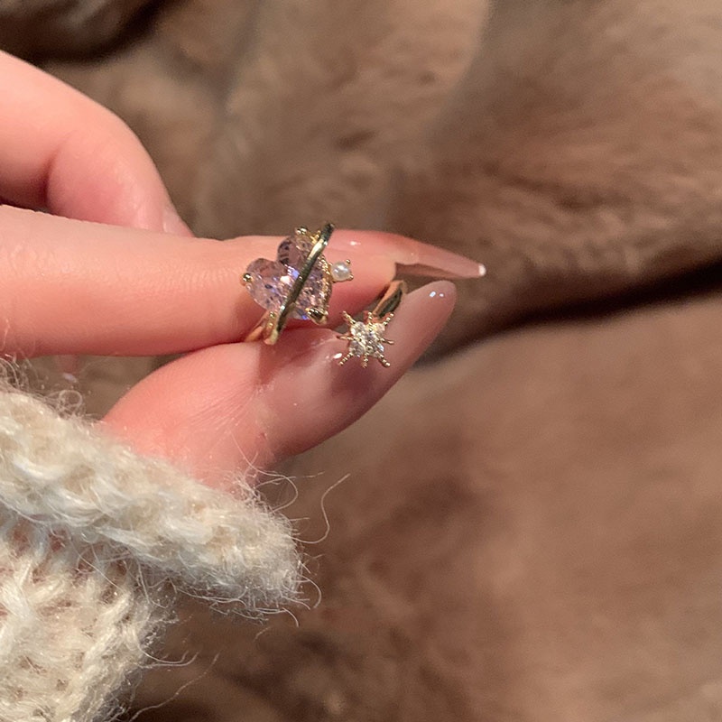 Nhẫn Hở Hình Trái Tim Đính Ngọc Trai Màu Hồng Phong Cách Hàn Quốc