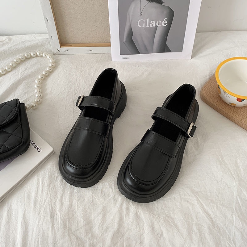 Giày da Mary Jane đế cao dáng ôm chân màu đen phong cách retro Anh Quốc cho nữ N03F