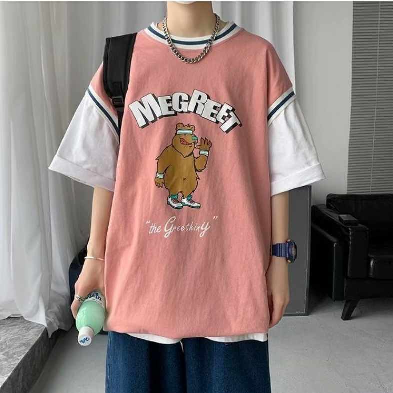 Áo Thun Tay Ngắn Giả Hai Lớp Form Rộng In Họa Tiết Hoạt Hình Phong Cách Hip Hop Hàn Quốc Cho Nam