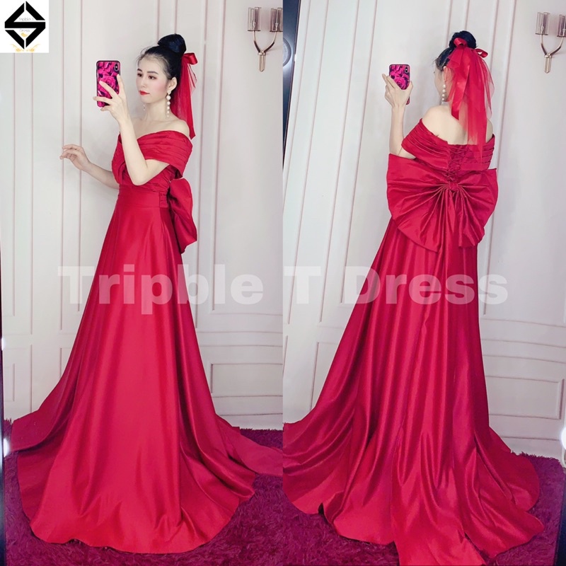 Đầm maxi cưới vẹt vai xếp ly sang trọng chất phi taffeta kèm nơ to TRIPBLE T DRESS - size S/M/L- MS184Y