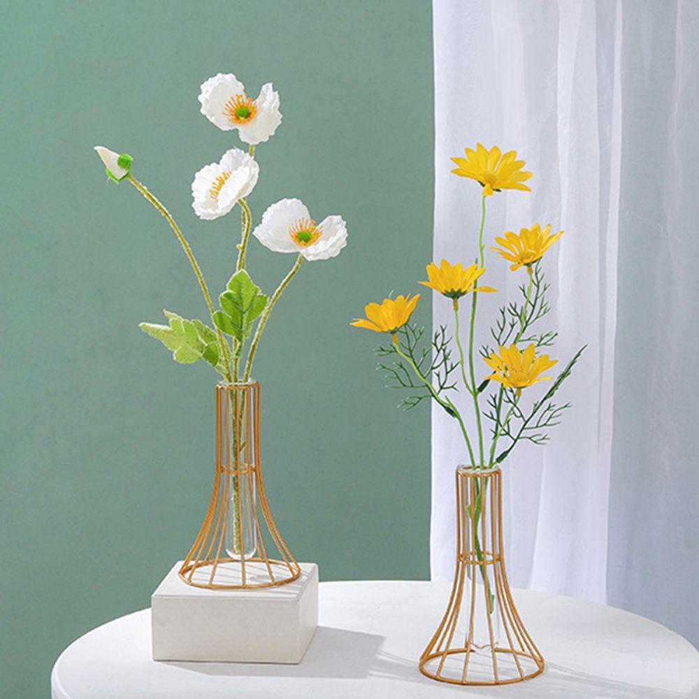 Nordic Styles Hydroponic Flower Vase Geometric Line Frame Iron Art Vase Glass Test Tube Metal Holder Home Decoration Craft