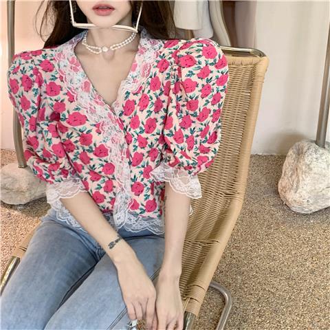 Áo Kiểu Cổ Chữ V Tay Ngắn Phối Ren Màu Đen Thời Trang Mùa Hè Dành Cho Nữ