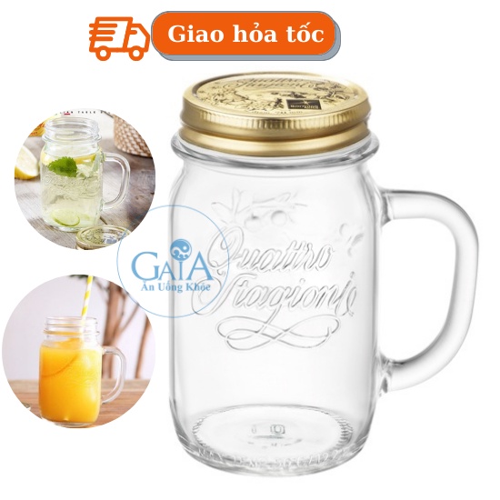 Ly cốc thủy tinh có tay cầm nắp vặn nhập khẩu Ý dung tích 415ml Quattro (Bormioli Rocco)