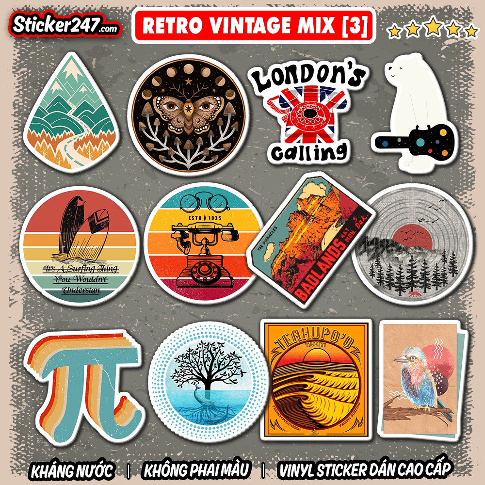 Sticker Retro Vintage Mix chủ đề [3] 𝑭𝒓𝒆𝒆𝒔𝒉𝒊𝒑 chống nước, hình decal dán laptop, ipad, mũ bảo hiểm,vali, guitar, ipad