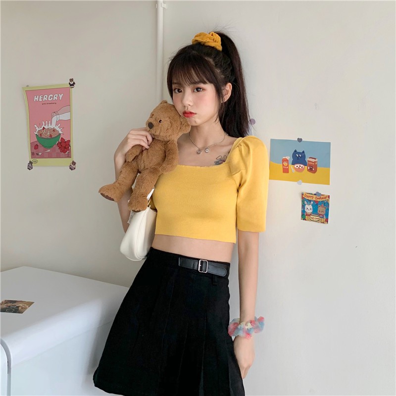 NZN Áo croptop dệt kim tay ngắn cổ vuông thời trang Hàn Quốc