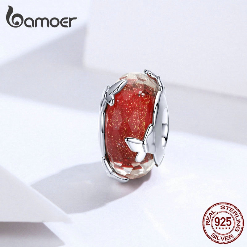 Hạt xỏ BAMOER bạc 925 màu đỏ hình bướm và da rắn thanh lịch cho trang sức
