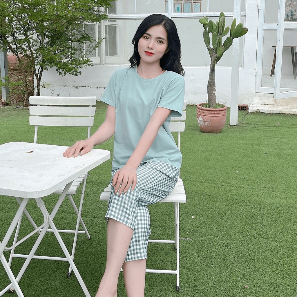 Đồ Bộ Mặc Nhà Nữ Quần Lửng Cotton 100% Cao Cấp Họa Tiết Sọc Caro Xanh (BST Ở NHÀ VẪN XINH) - Đồ Mặc Nhà Peony