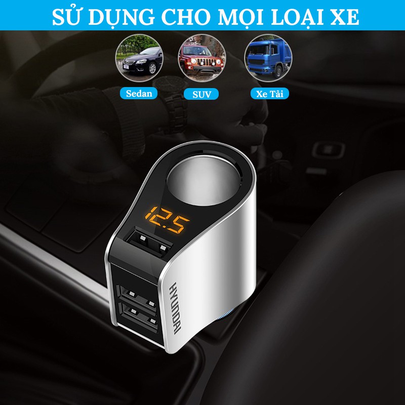 Tẩu Sạc Ô Tô Hyundai HY-10 Chính Hãng, Đầu Ra 3 Cổng USB, Có Màn Hình LED Hiển Thị Điện Áp