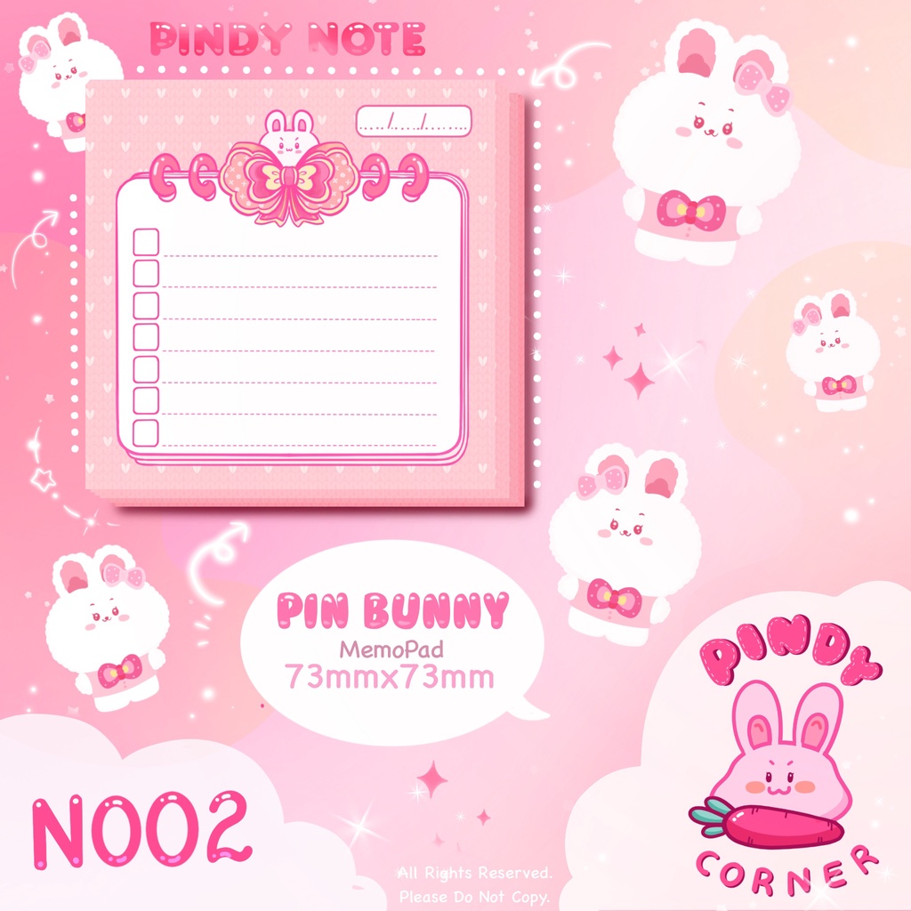 Tập Giấy Note ghi chú 50 tờ hồng nữ tính Chủ Đề THỎ HỒNG kích thước 73x73mm tự thiết kế