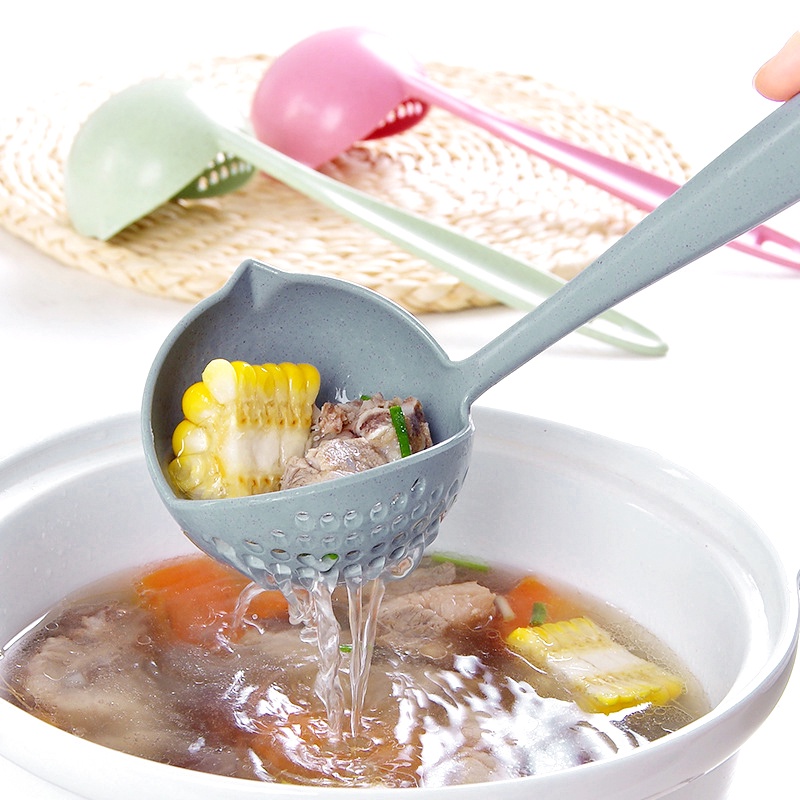 Vá múc canh 2 trong 1 bằng lúa mạch tay cầm dài màu trơn tiện dụng