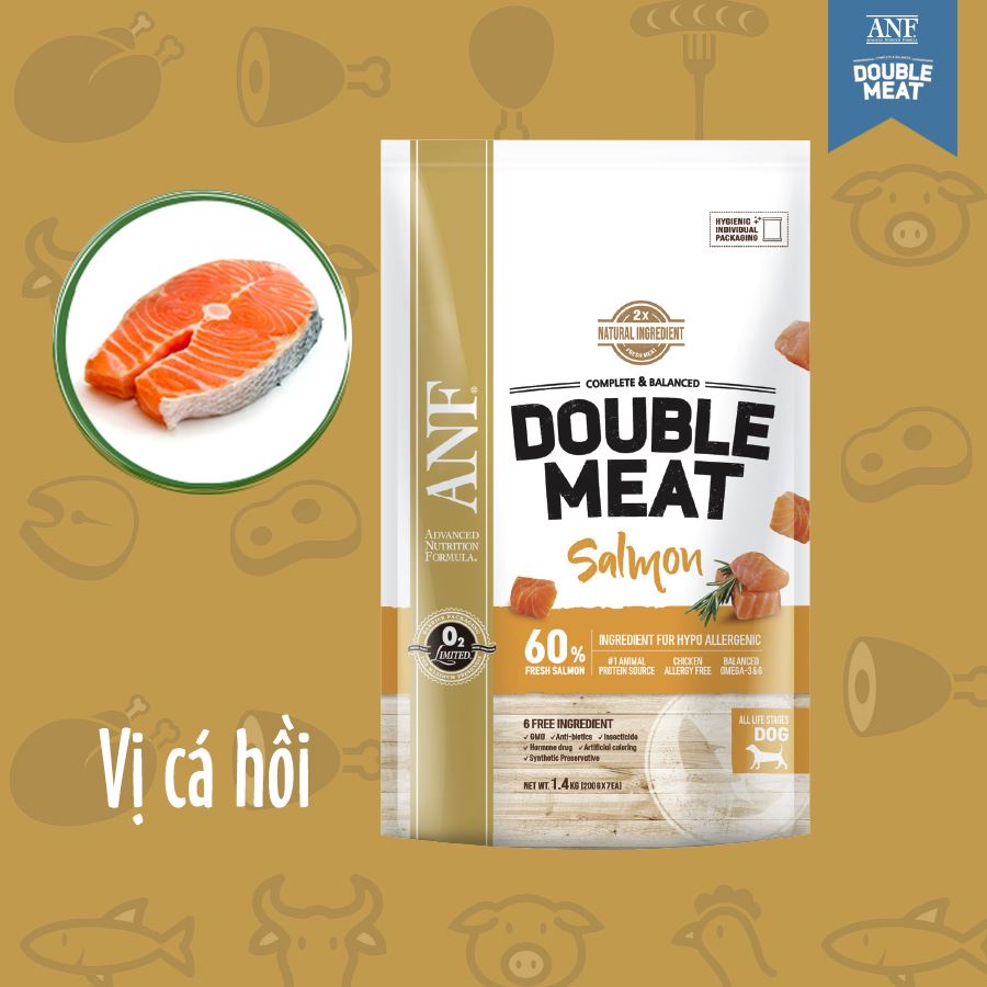 Thức ăn hạt gấp đôi thịt cho chó vị cừu, cá hồi, bò ANF-Double Meat- - 1.4kg