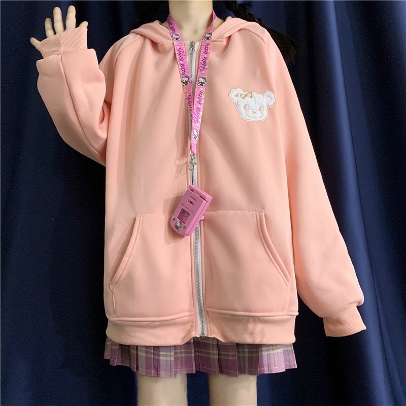 ÁO KHOÁC  NỮ VẢI NỈ CÓ TAI THỎ HOODIE MẶT GẤU THÊU