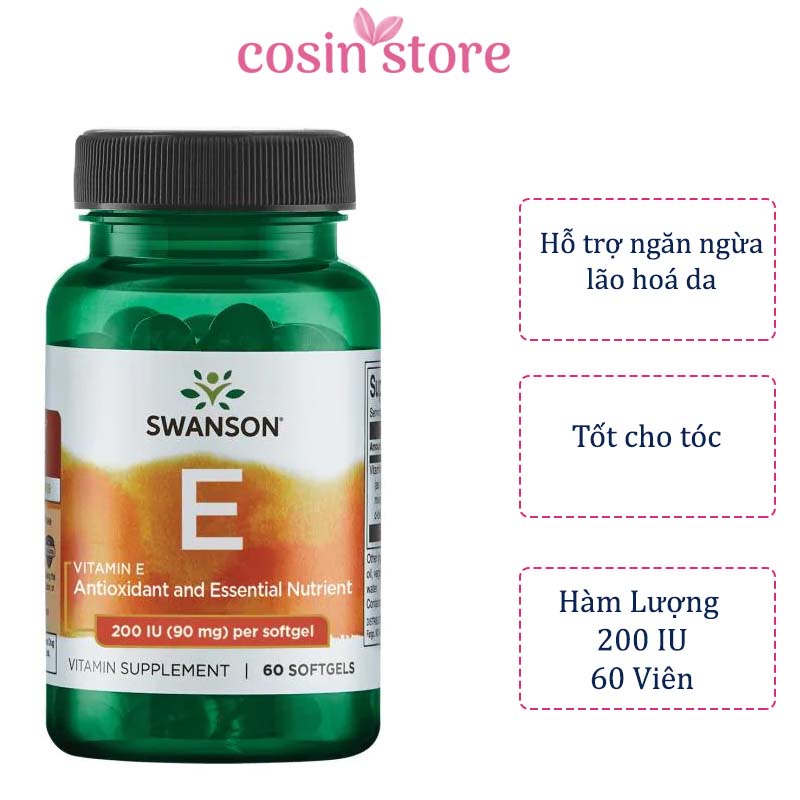 Viên Uống Swanson Vitamin E 200 IU 90mg 60 viên của Mỹ - Hỗ trợ chống lão hóa Cosin Store