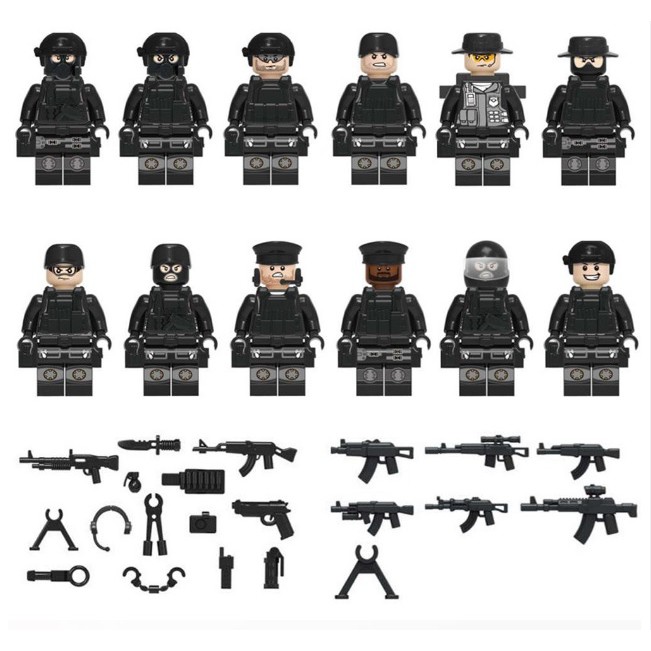 Bộ Lego Lắp Ráp Mô Hình 12 Nhân Vật Military Police và 1 Ô Tô SWAT