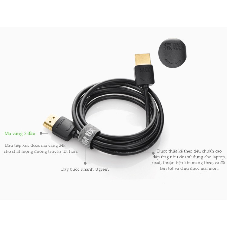 Dây HDMI 1.4 siêu mỏng thuần đồng 19+1, độ dài từ 1.5-2m UGREEN HD121