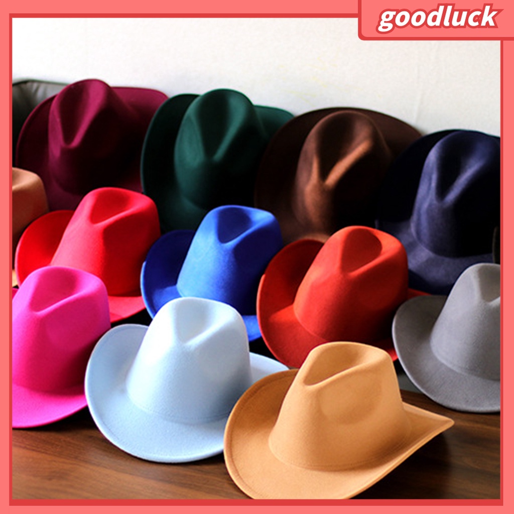 &lt; Golu &gt; Mũ Cao Bồi Unisex Màu Trơn Chống Dầu Mỡ Bằng Vải Nỉ Cuộn Lên Vành Cho Tiệc Hóa Trang Ngoài Trời