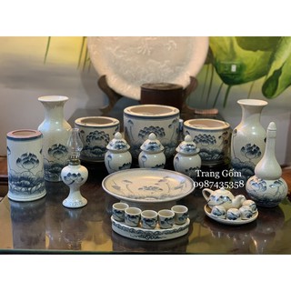 Set đồ thờ rạn vẽ hoa sen gốm sứ Bát Tràng