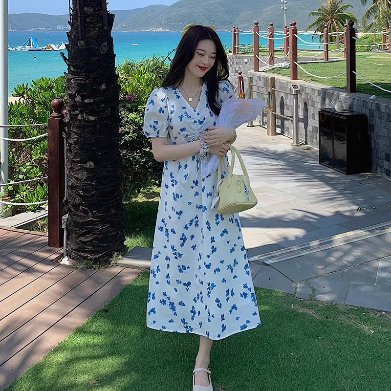 Đầm Hoa Tay Ngắn Cổ Chữ V Thời Trang Hàn Quốc Cho Nữ