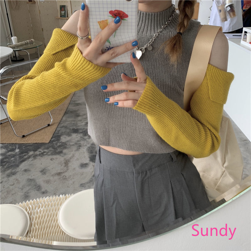 Áo Croptop Dệt Kim Tay Dài Trễ Vai Màu Tương Phản Phong Cách Hàn Quốc