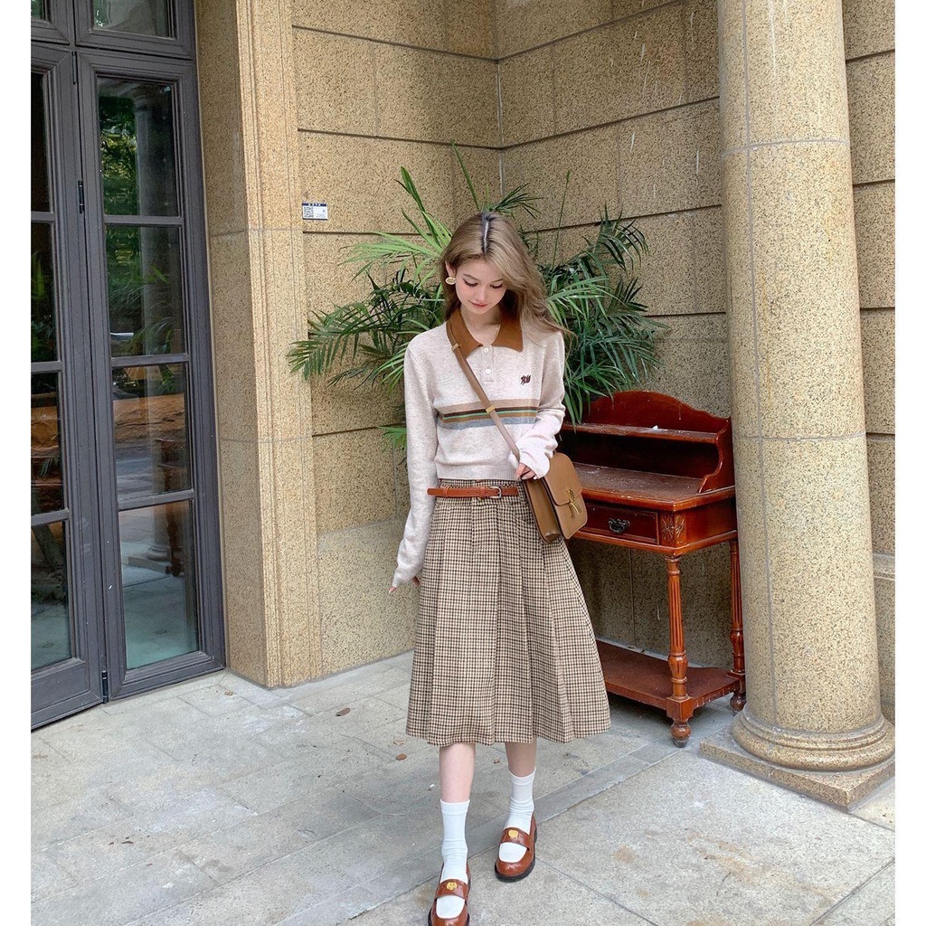 Nimo WANG Áo Sweater Chui Đầu Cổ Polo Tay Dài Kẻ Sọc Màu Tương Phản Kiểu Retro Mỹ Thời Trang Mùa Thu Cho Sinh Viên