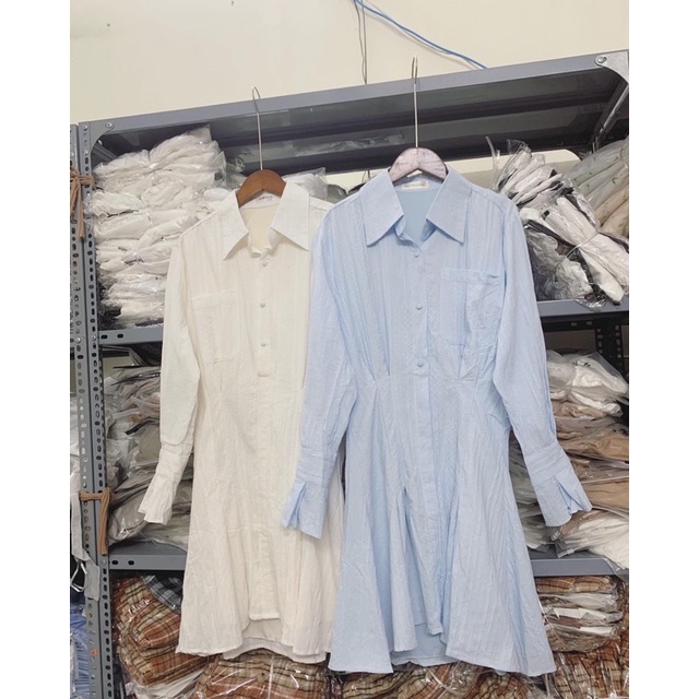 Váy sơ mi chiết eo tay loe vải đũi 2 lớp siêu xinh