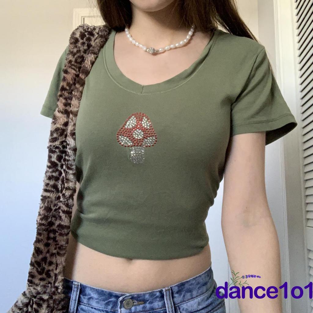 Áo thun ngắn tay cổ chữ V đính đá hình nấm thời trang cho nữ