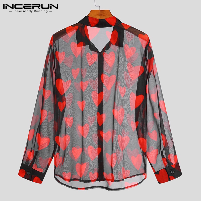 Áo sơ mi INCERUN dài tay hình trái tim nhìn xuyên qua quyến rũ nam tính
