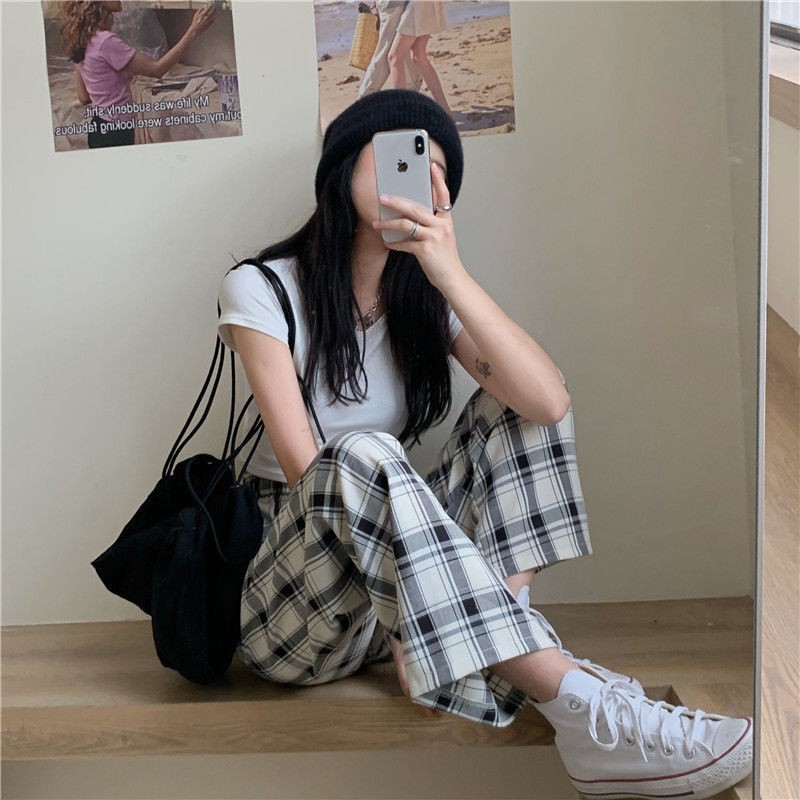 Plaid pants women loose straight 2021 new summer thin casual pants high waist thin mopping pants trend