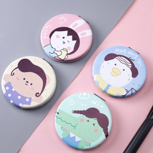 Gương tròn trang điểm Mua Tất cầm tay 2 mặt hình thú đội tóc (muatatshop)