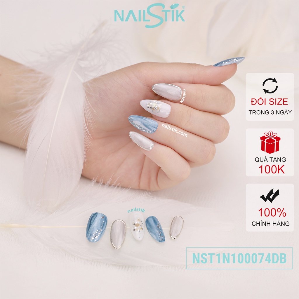Móng úp thiết kế by NAILSTIK, màu xám, xanh dương, form móng bầu, ngắn/dài, 074