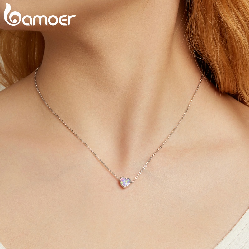 Vòng cổ BAMOER Sn471 từ bạc 925 mặt trái tim đính đá mắt mèo thời trang cho nữ